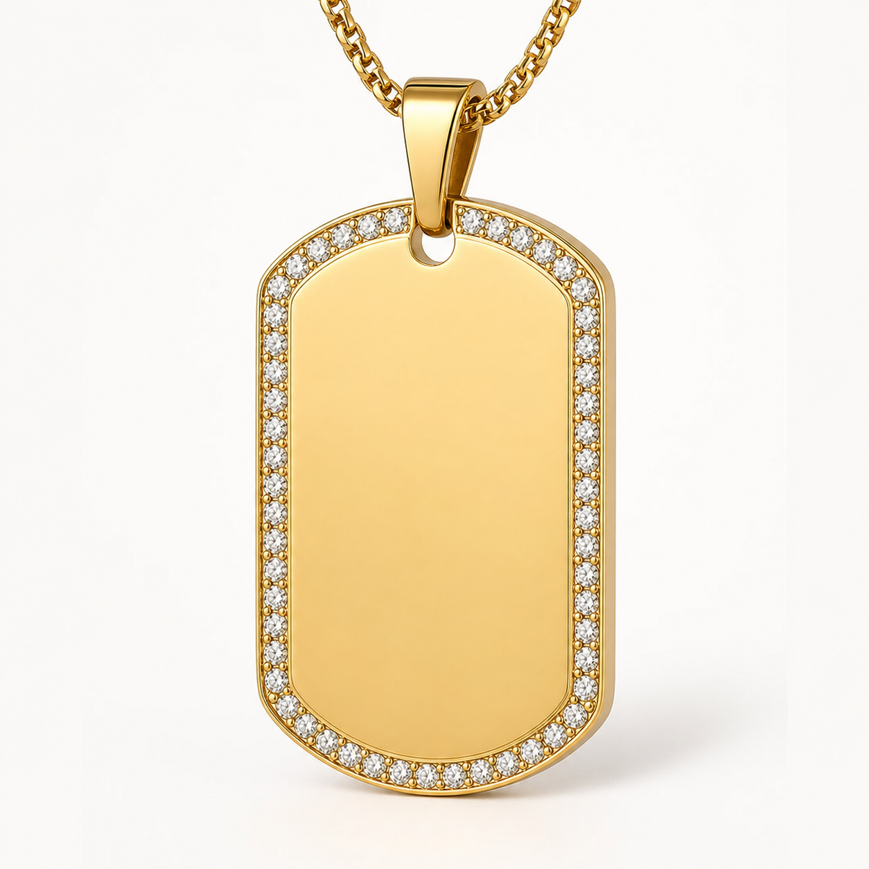 Custom iced dog tag pendant with engraving and stone border options