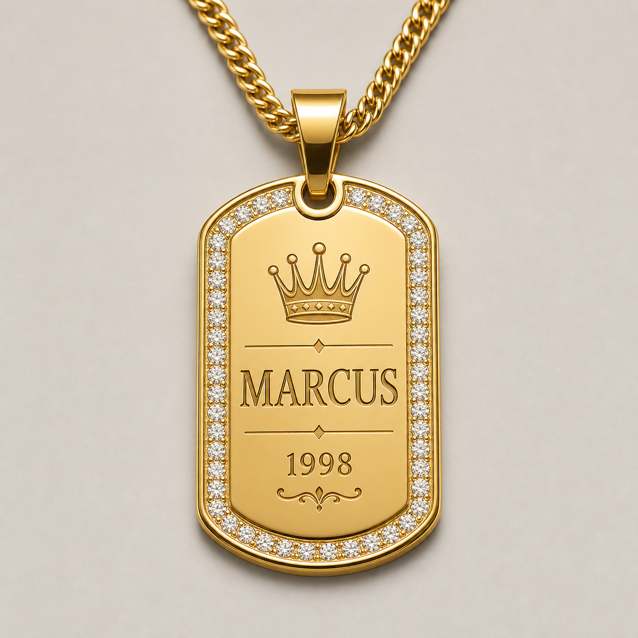 Gold iced dog tag with name engraving