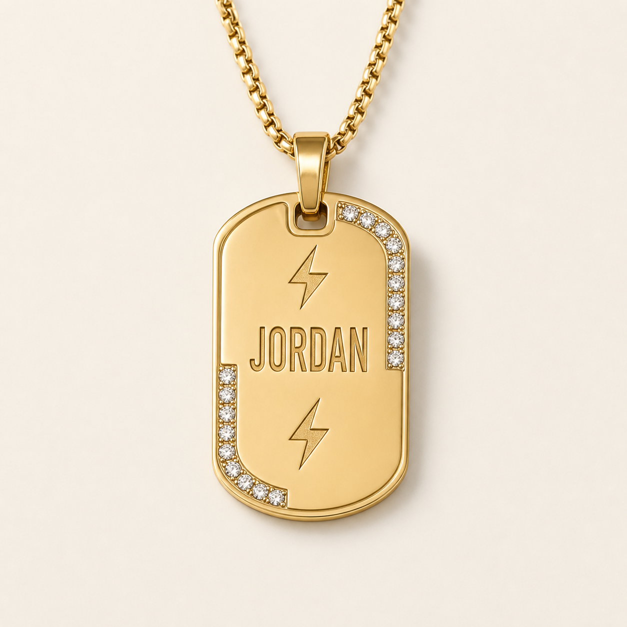 Gold name dog tag with lightning details
