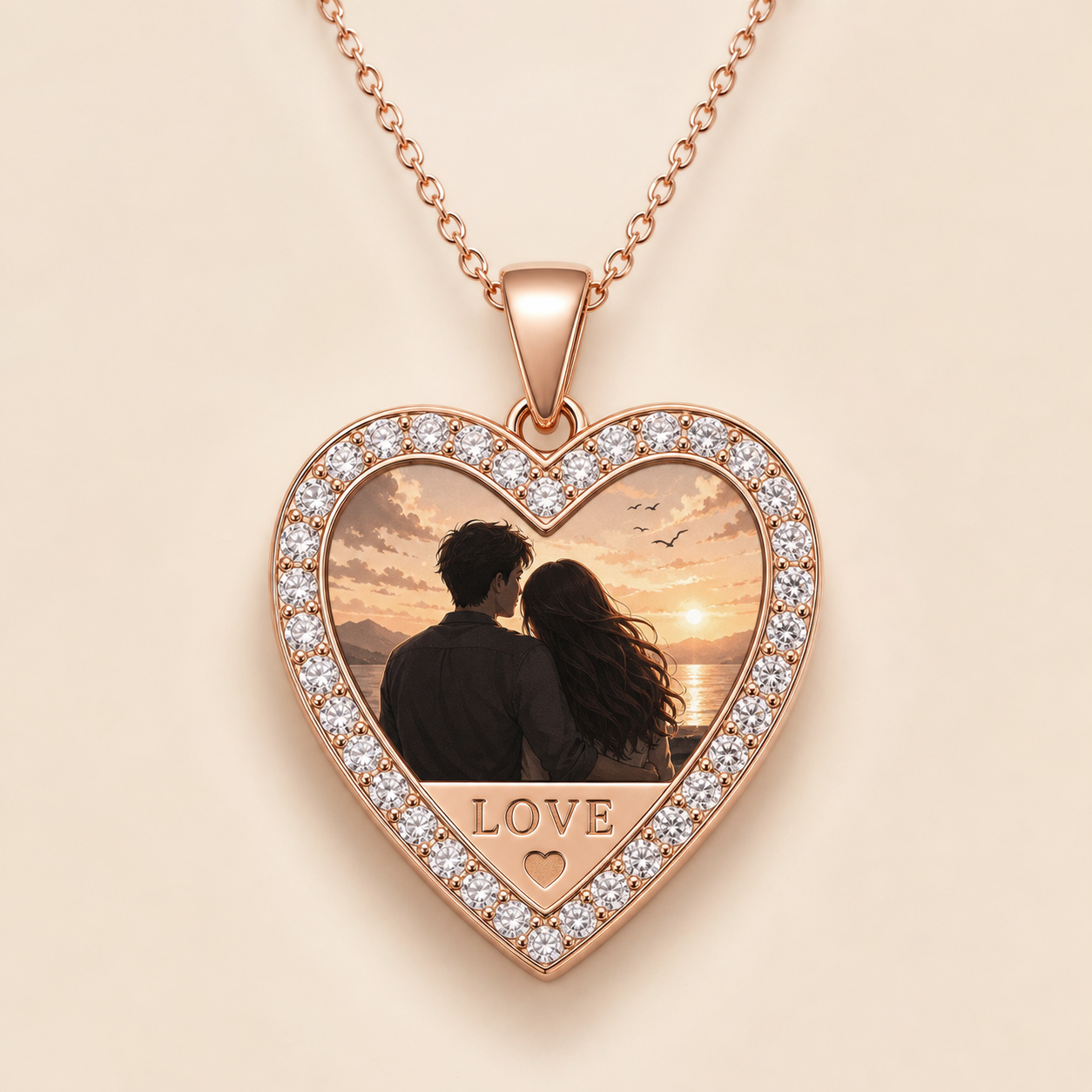 Rose gold heart photo pendant with stone border