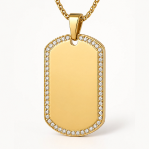 Gold iced dog tag pendant with blank engraving center and chain