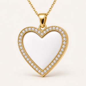 Gold heart photo pendant with clear stone border and blank photo center