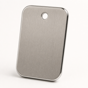Brushed stainless logo metal tag sample with blank surface and attachment hole